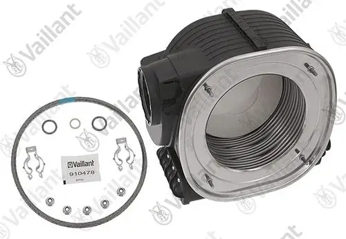 Vaillant Wärmetauscher mit einem runden Gehäuse, Umlenkung und Montagesatz, inklusive Dichtungen und Halterungen, auf hellem Hintergrund abgebildet.